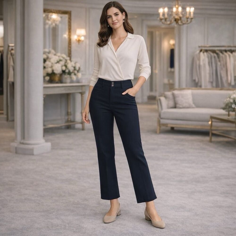 ANTHROPOLOGIE‎ The Essential Crop Flare Pants Size 6 Stretch Navy Trousers